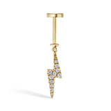 Diamond and Sapphire Lightning Bolt Threaded Charm Earring by Maria Tash in 14K Yellow Gold. Flat Stud.
