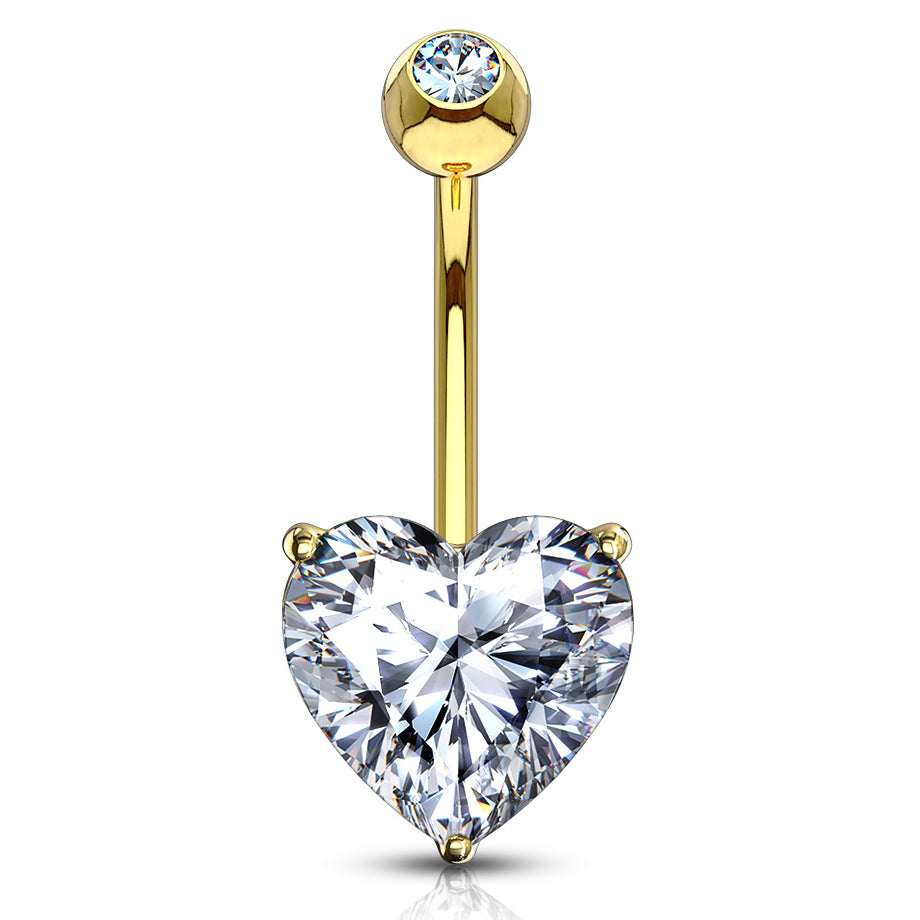 Classic Prong Heart Belly Ring in 14K Gold - Fixed (non-dangle) Belly Bar. Navel Rings Australia.