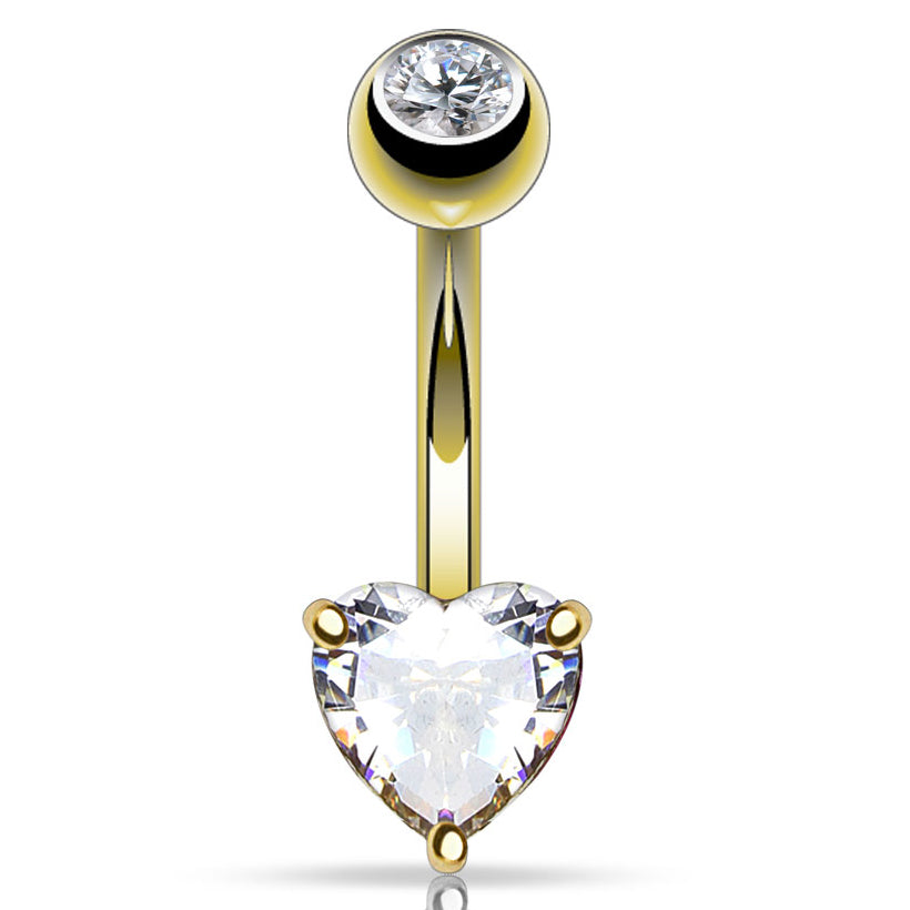 Classic Prong Heart Belly Ring in 14K Gold - Fixed (non-dangle) Belly Bar. Navel Rings Australia.
